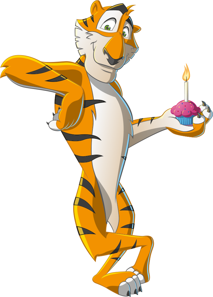 Tiger character leaning on the commission card